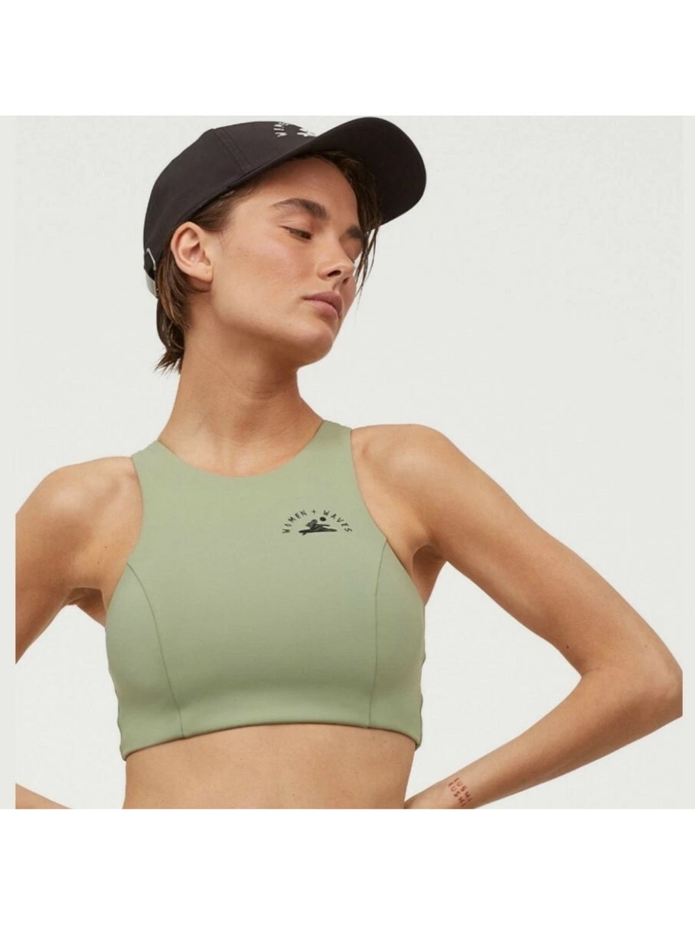 NWT H&M X Women+Waves Athletic Surf Swim Top SOLD OUT Green Zippered Sz 6